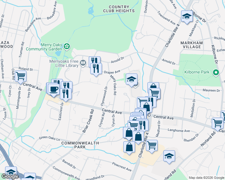 map of restaurants, bars, coffee shops, grocery stores, and more near 3400 Covington Oaks Drive in Charlotte