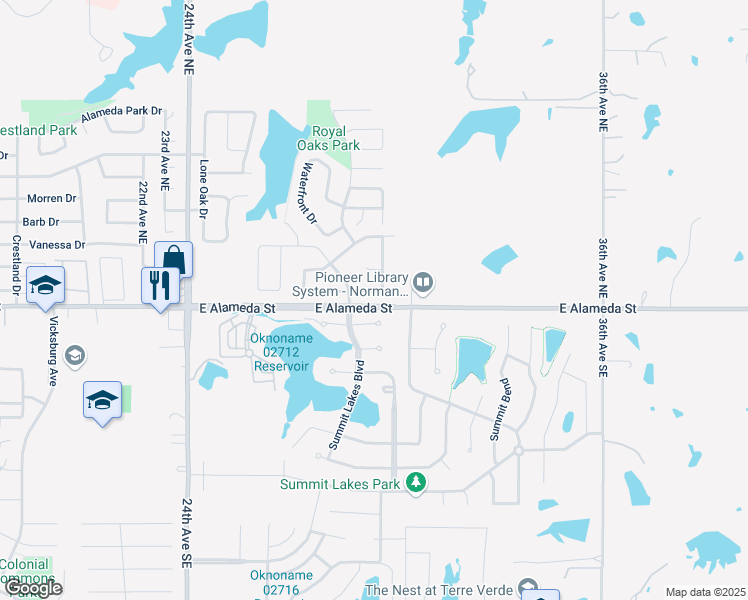 map of restaurants, bars, coffee shops, grocery stores, and more near 2912 Sandstone Drive in Norman