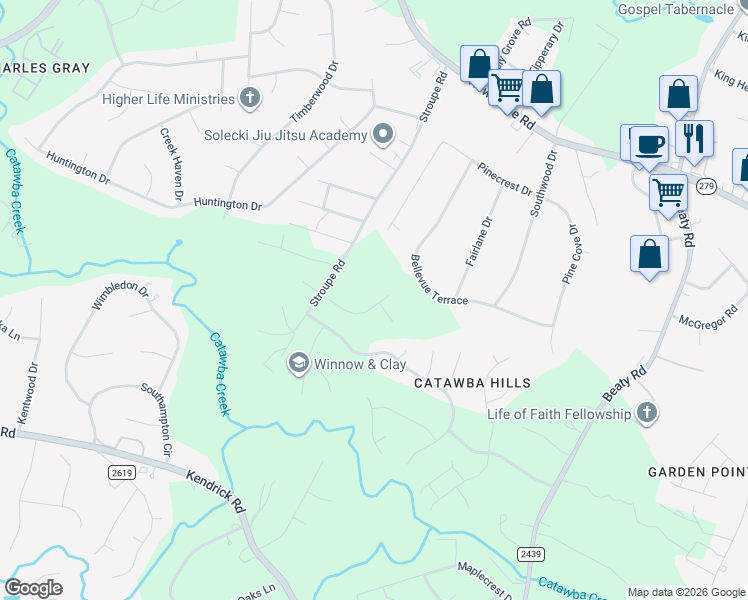map of restaurants, bars, coffee shops, grocery stores, and more near 529 Stroupe Road in Gastonia