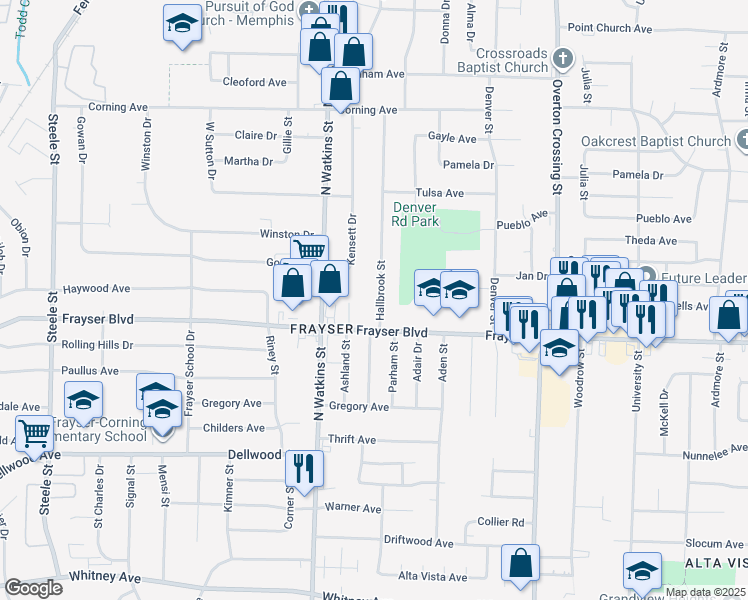 map of restaurants, bars, coffee shops, grocery stores, and more near 3405 Hallbrook Street in Memphis
