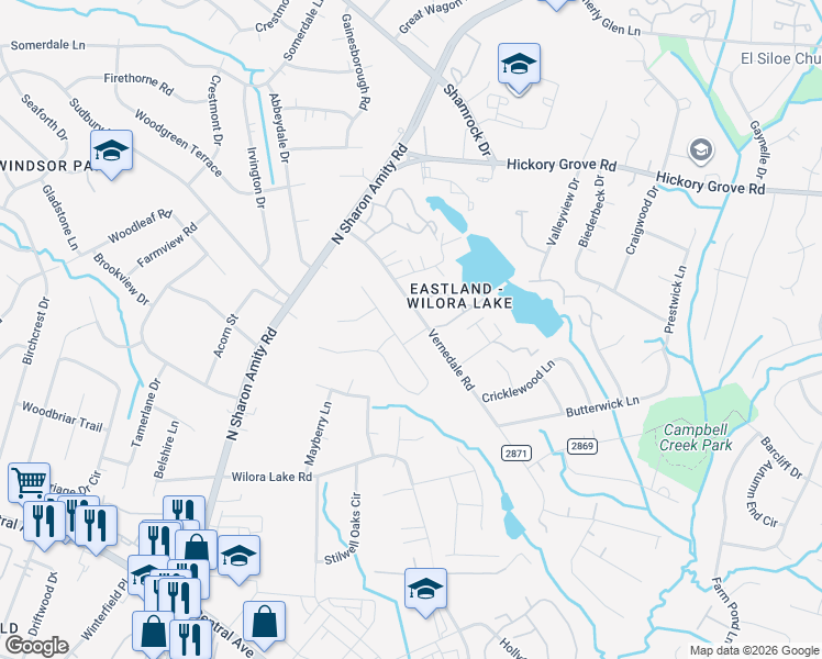 map of restaurants, bars, coffee shops, grocery stores, and more near 4515 Cove Ridge Lane in Charlotte