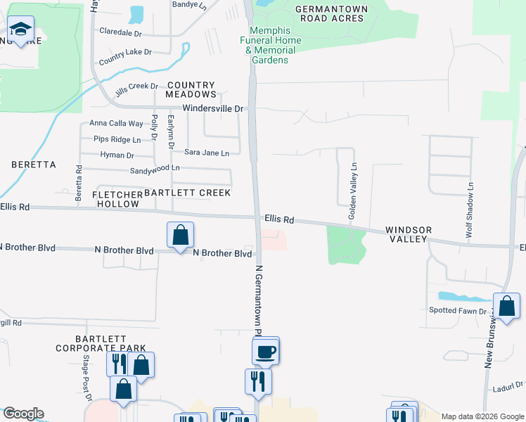 map of restaurants, bars, coffee shops, grocery stores, and more near 3406 North Germantown Parkway in Memphis