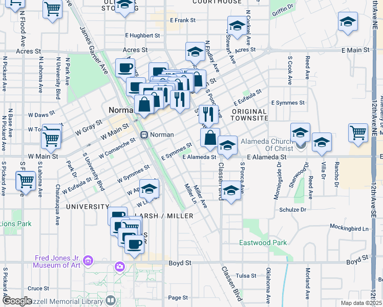 map of restaurants, bars, coffee shops, grocery stores, and more near 230 East Alameda Street in Norman