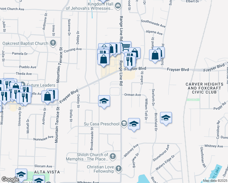 map of restaurants, bars, coffee shops, grocery stores, and more near 3407 Range Line Road in Memphis