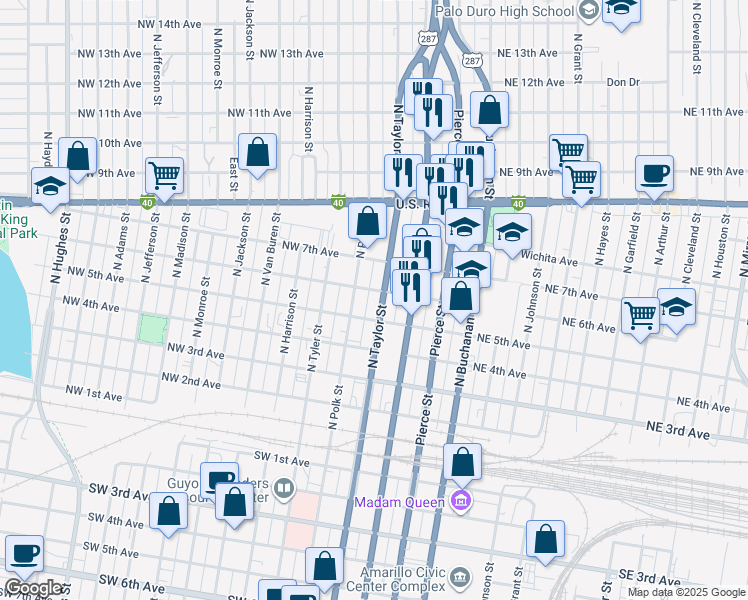 map of restaurants, bars, coffee shops, grocery stores, and more near 512 N Taylor St in Amarillo