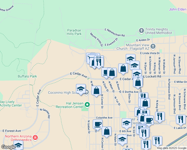 map of restaurants, bars, coffee shops, grocery stores, and more near 1490 East Cedar Avenue in Flagstaff