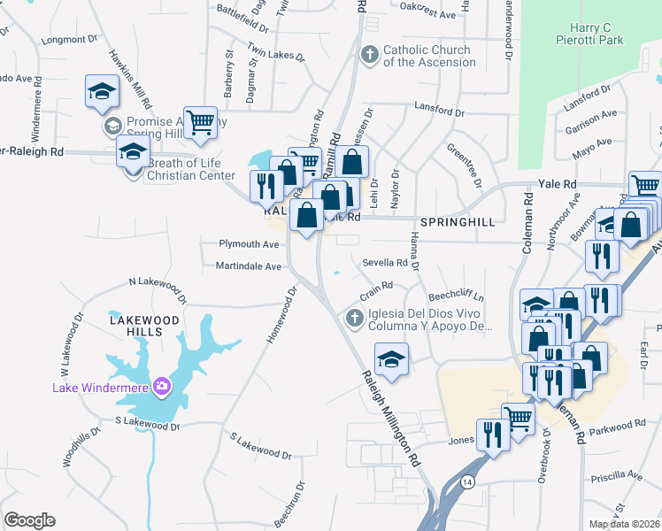 map of restaurants, bars, coffee shops, grocery stores, and more near 3388 Ramill Road in Memphis