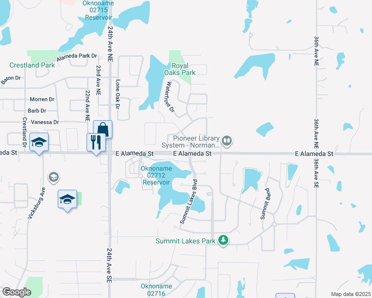 map of restaurants, bars, coffee shops, grocery stores, and more near 2832 Sandstone Drive in Norman