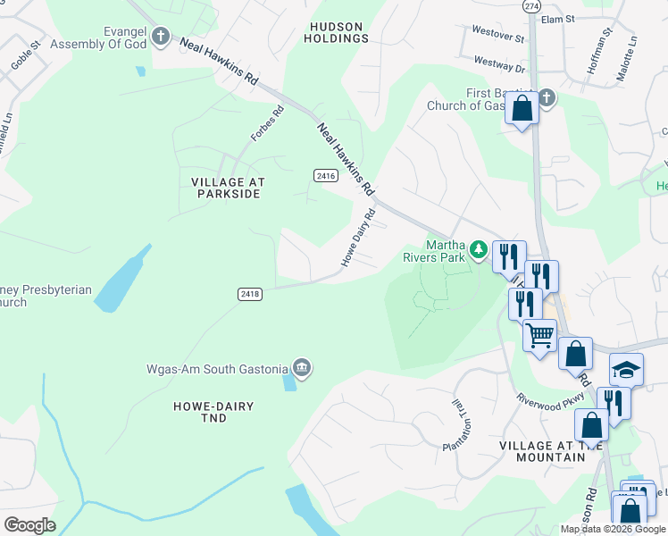 map of restaurants, bars, coffee shops, grocery stores, and more near 3212 Howe Dairy Road in Gastonia