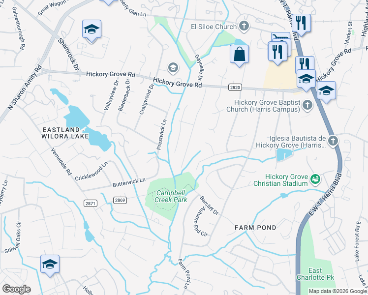 map of restaurants, bars, coffee shops, grocery stores, and more near 4900 McAlpine Lane in Charlotte