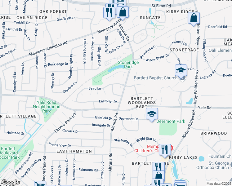 map of restaurants, bars, coffee shops, grocery stores, and more near 6486 Tarus Drive in Bartlett