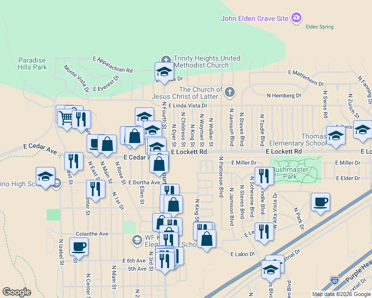 map of restaurants, bars, coffee shops, grocery stores, and more near 3203 North Childress Street in Flagstaff
