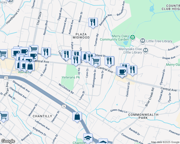 map of restaurants, bars, coffee shops, grocery stores, and more near 1500 Lyon Court in Charlotte