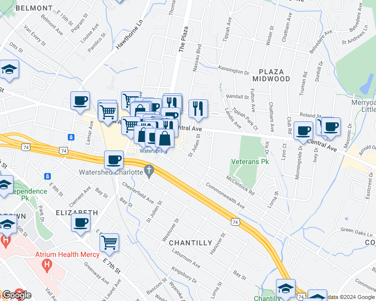 map of restaurants, bars, coffee shops, grocery stores, and more near 2132 McClintock Road in Charlotte