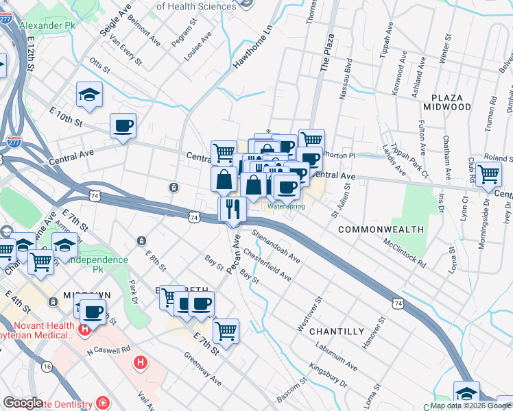 map of restaurants, bars, coffee shops, grocery stores, and more near in Charlotte