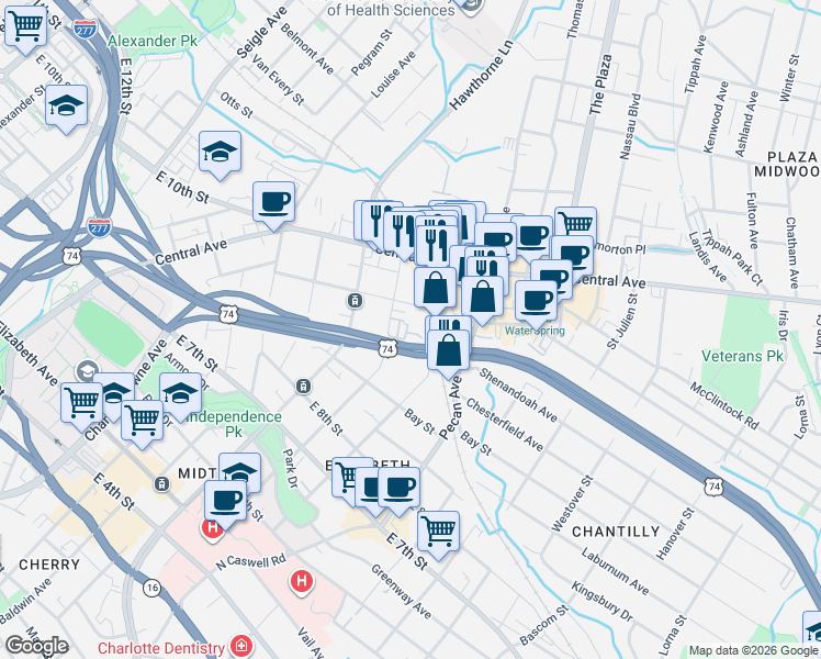 map of restaurants, bars, coffee shops, grocery stores, and more near in Charlotte