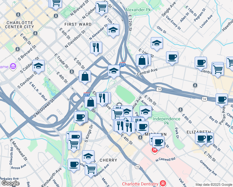 map of restaurants, bars, coffee shops, grocery stores, and more near 1300 Park Drive in Charlotte