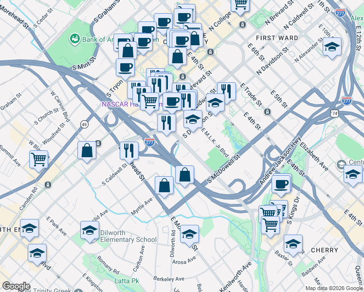 map of restaurants, bars, coffee shops, grocery stores, and more near in Charlotte