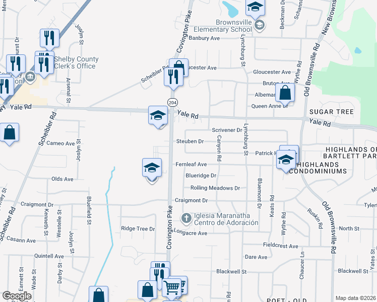 map of restaurants, bars, coffee shops, grocery stores, and more near 3399 Gatewood Drive in Memphis