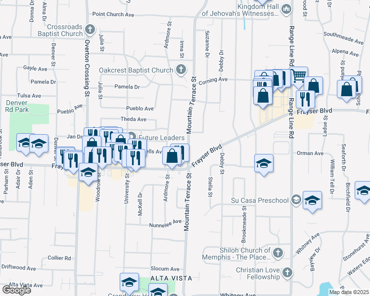 map of restaurants, bars, coffee shops, grocery stores, and more near 3413 Mountain Terrace Street in Memphis
