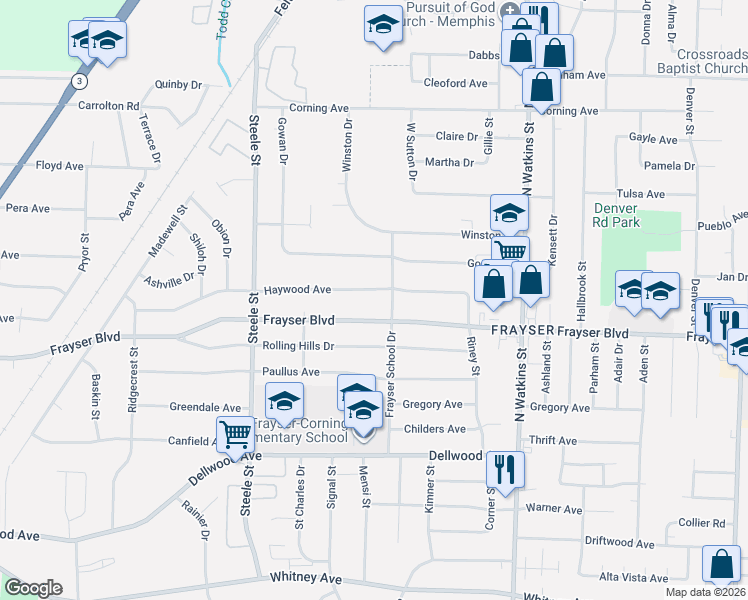 map of restaurants, bars, coffee shops, grocery stores, and more near 1593 Haywood Avenue in Memphis