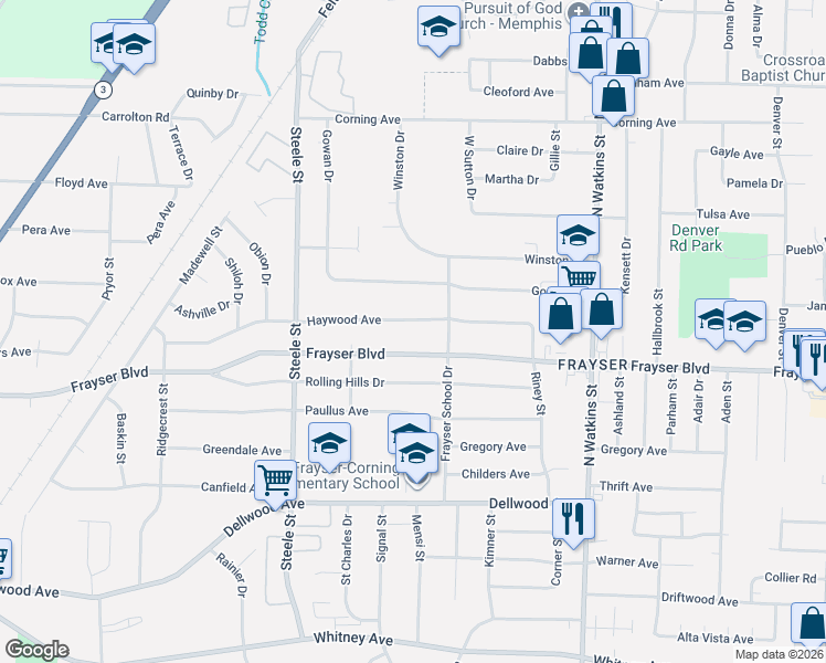 map of restaurants, bars, coffee shops, grocery stores, and more near 1593 Haywood Avenue in Memphis