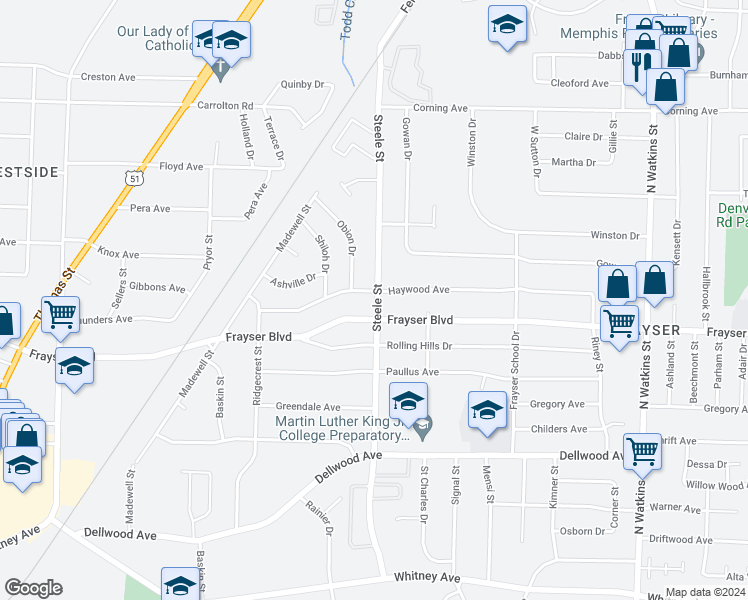 map of restaurants, bars, coffee shops, grocery stores, and more near 3401 Steele Street in Memphis