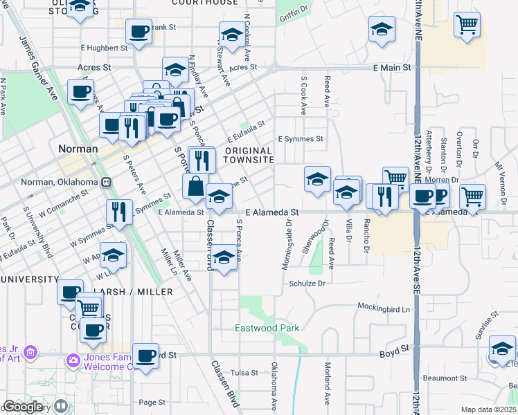 map of restaurants, bars, coffee shops, grocery stores, and more near 515 Alameda Street in Norman