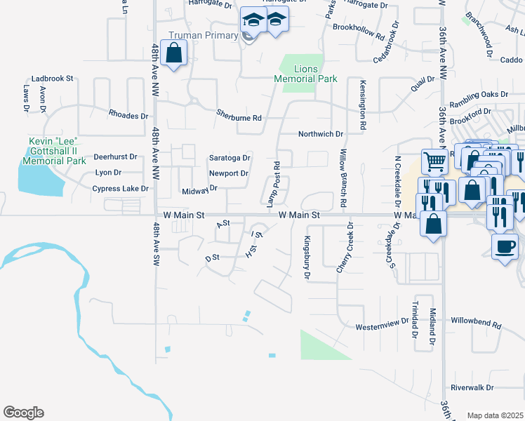 map of restaurants, bars, coffee shops, grocery stores, and more near 4300 West Main Street in Norman