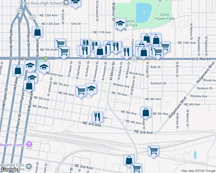 map of restaurants, bars, coffee shops, grocery stores, and more near 707 North Mirror Street in Amarillo