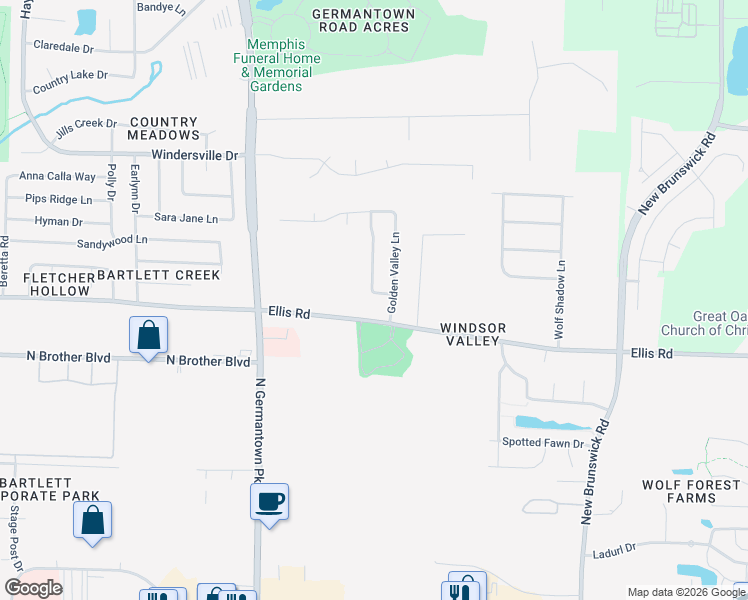 map of restaurants, bars, coffee shops, grocery stores, and more near 3415 Valley Chase Lane in Memphis
