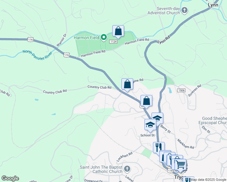 map of restaurants, bars, coffee shops, grocery stores, and more near 134 Horseshoe Curve Road in Tryon