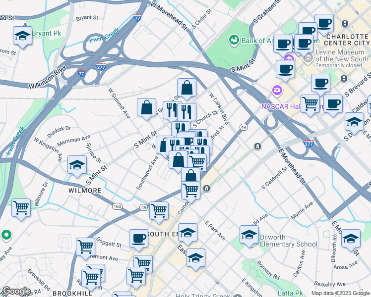map of restaurants, bars, coffee shops, grocery stores, and more near 255 West Bland Street in Charlotte
