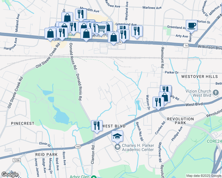 map of restaurants, bars, coffee shops, grocery stores, and more near 2431 Kingspark Drive in Charlotte