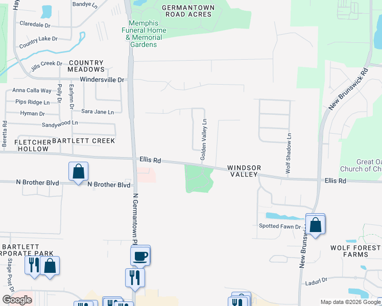 map of restaurants, bars, coffee shops, grocery stores, and more near 3415 Valley Chase Lane in Memphis