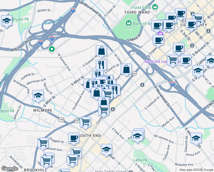 map of restaurants, bars, coffee shops, grocery stores, and more near in Charlotte