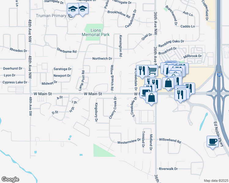 map of restaurants, bars, coffee shops, grocery stores, and more near 101 Willow Branch Road in Norman