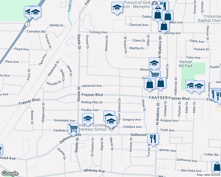 map of restaurants, bars, coffee shops, grocery stores, and more near 1593 Haywood Avenue in Memphis