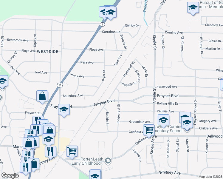 map of restaurants, bars, coffee shops, grocery stores, and more near 3399 Madewell Street in Memphis