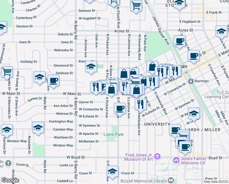 map of restaurants, bars, coffee shops, grocery stores, and more near 705 West Main Street in Norman