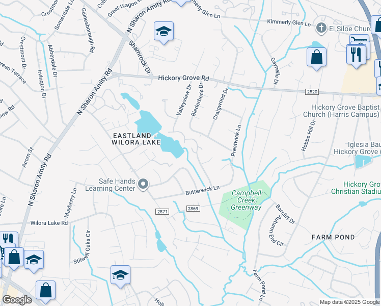 map of restaurants, bars, coffee shops, grocery stores, and more near 4716 Topsail Court in Charlotte