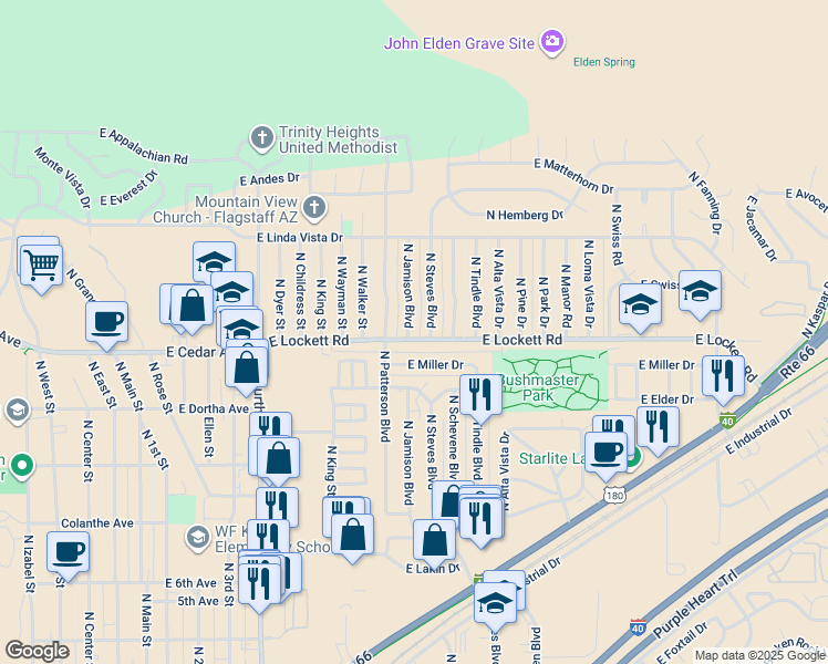 map of restaurants, bars, coffee shops, grocery stores, and more near 3206 North Jamison Boulevard in Flagstaff