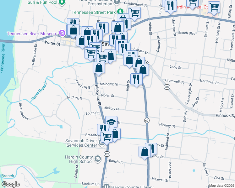 map of restaurants, bars, coffee shops, grocery stores, and more near 145 Nolan Street in Savannah