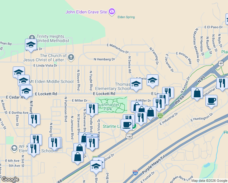 map of restaurants, bars, coffee shops, grocery stores, and more near 3207 N Manor Rd in Flagstaff