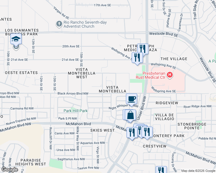 map of restaurants, bars, coffee shops, grocery stores, and more near 2425 Lynn Road Southeast in Rio Rancho
