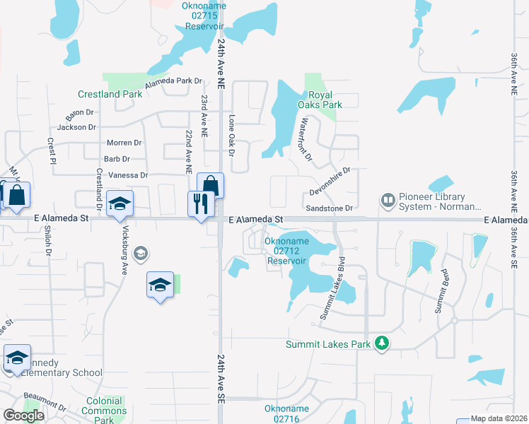 map of restaurants, bars, coffee shops, grocery stores, and more near 2590 Alameda Street in Norman