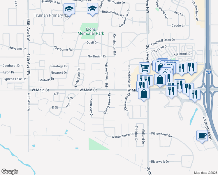 map of restaurants, bars, coffee shops, grocery stores, and more near 101 Willow Branch Road in Norman