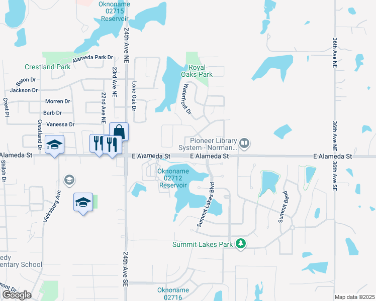 map of restaurants, bars, coffee shops, grocery stores, and more near 2808 Sandstone Drive in Norman