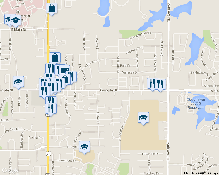 map of restaurants, bars, coffee shops, grocery stores, and more near 1708 Southcrest Drive in Norman
