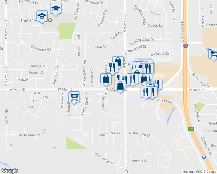 map of restaurants, bars, coffee shops, grocery stores, and more near 101 North Creekdale Drive in Norman